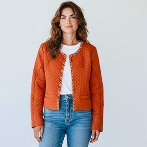 Mix Nouveau Burnt Orange Long Sleeve Quilted Gold Chain Trimmed Jacket Sz S